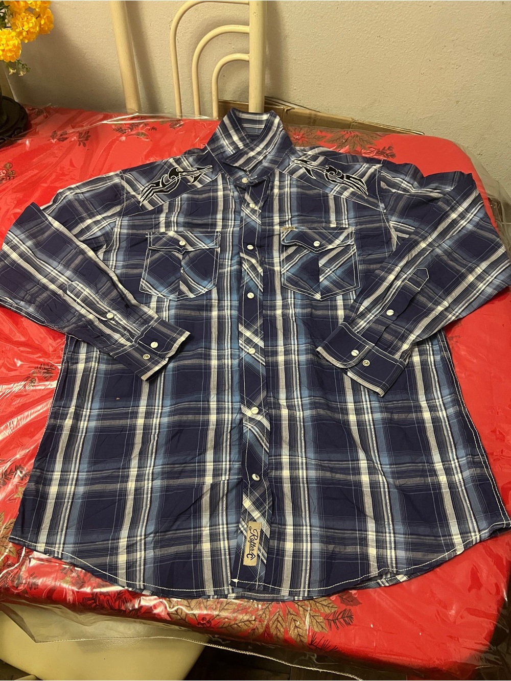 Rafter C Western Shirt Mens Size L Blue Plaid Pearl Snap Cotton Cowboy